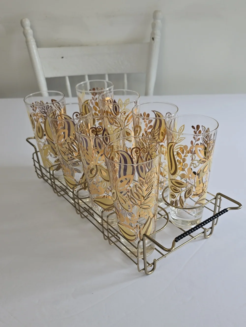 Vintage MCM Set Of 8 Gold Butterfly Leaf Botanical Tumblers With Carrier 12 Oz